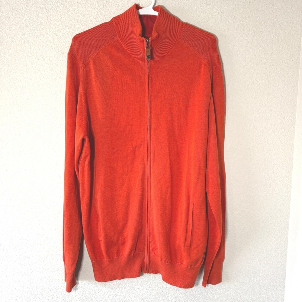 Ben Sherman Men's Orange Full Zip Cotton Cardigan Sweater Mock Neck Size Large